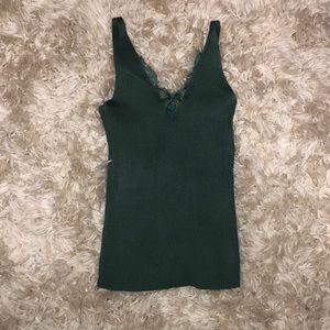 Forest green spaghetti strap tank with lace trim